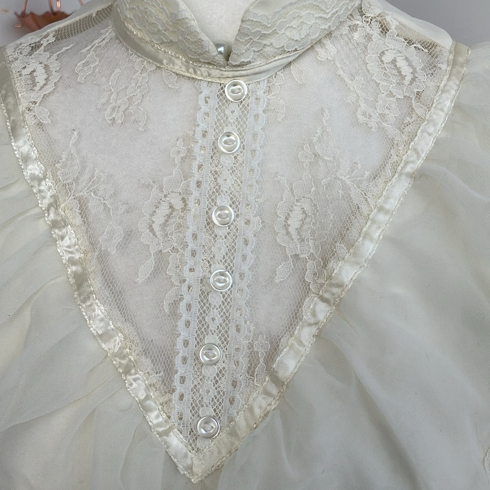 Vintage 70s Floor-Length Maxi Cream High Neck Ruffle Cream Prairie Wedding Dress - Picture 3 of 14